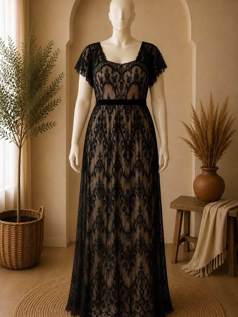 SHEIN Black Lace Maxi Dress with Nude Underlay